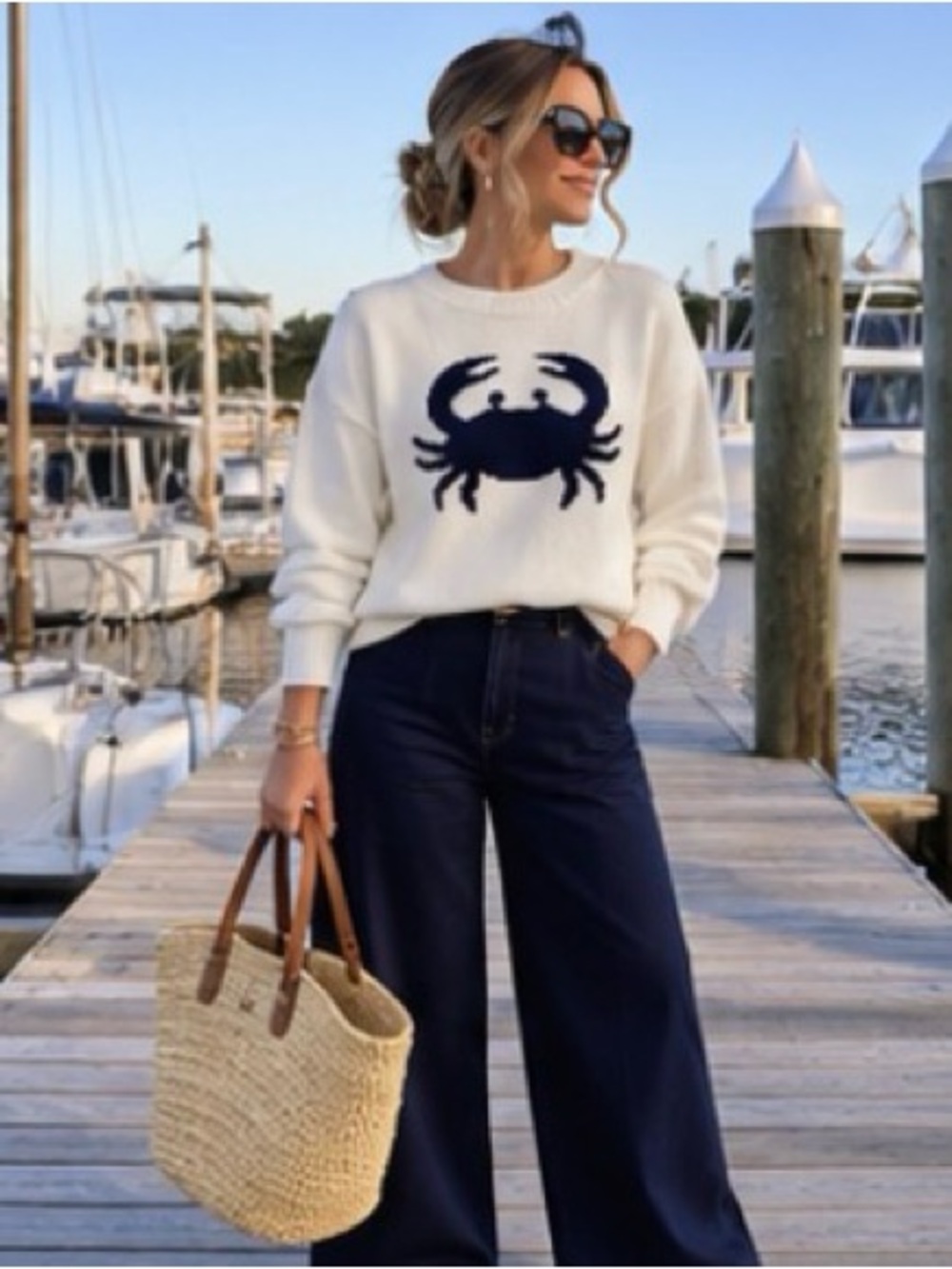 Tuckernuck Style Ivory Navy Crab Sweater Coastal Preppy Nantucket Quiet Luxury